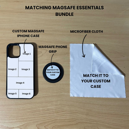 Custom Magsafe 6 photo collage iPhone case, grip, and microfiber cloth showing bundle set and image placement on a wooden surface