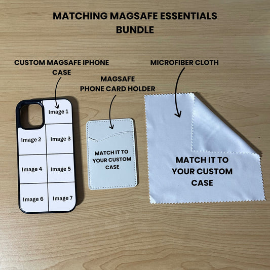 Custom Magsafe 7 photo collage iPhone case, card holder, and microfiber cloth showing bundle set and image placement on a wooden surface