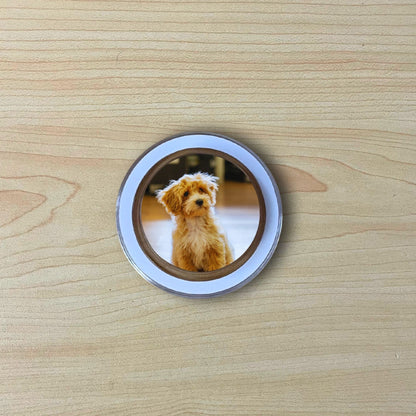 Custom clear case Magsafe phone grip with photo of a dog on a wooden surface.