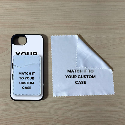 Custom MagSafe iPhone 16e case with phone wallet card holder and cleaning cloth on a wooden surface with text 'Match it to your custom case'.