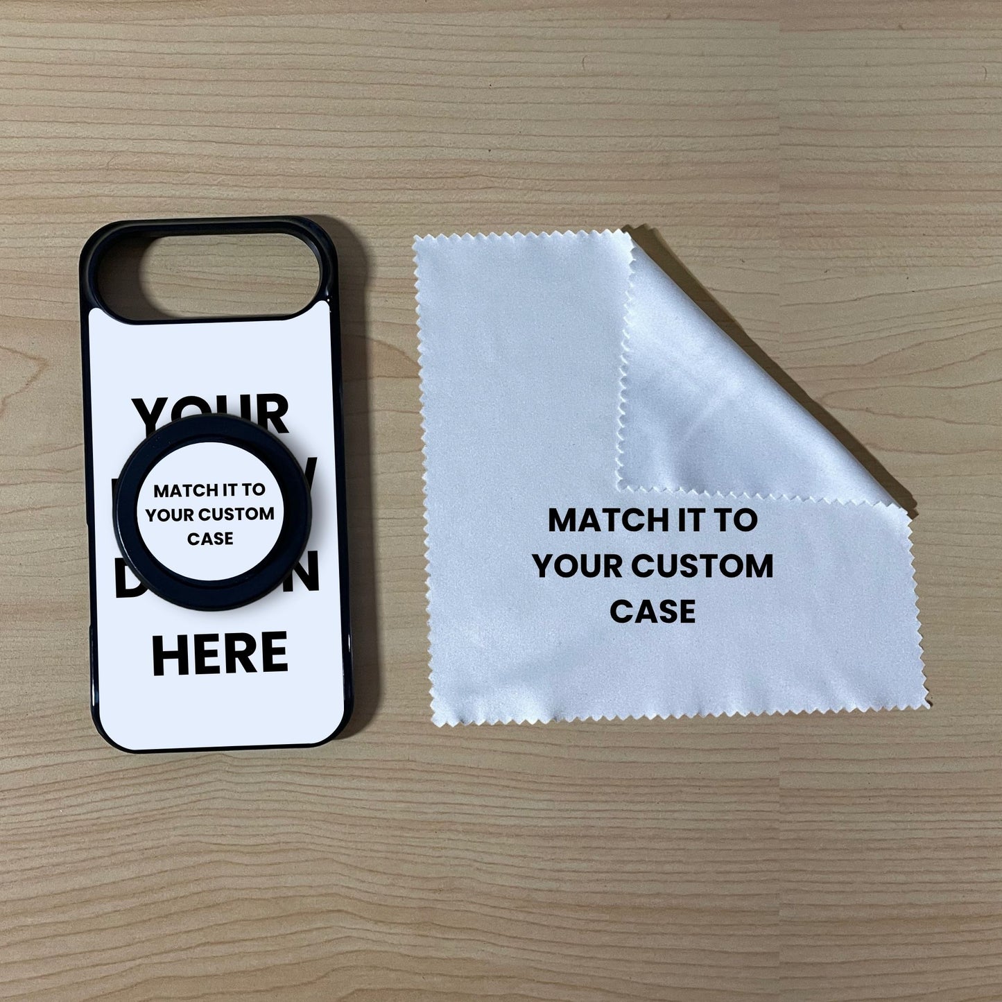 Custom MagSafe iPhone 17 Air case with matching black phone grip and cleaning cloth on a wooden surface with text overlay showing image placement.