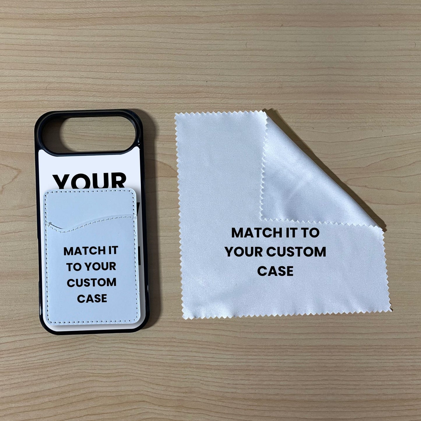 Custom MagSafe iPhone 17 Air case with phone wallet card holder and cleaning cloth on a wooden surface with text 'Match it to your custom case'.
