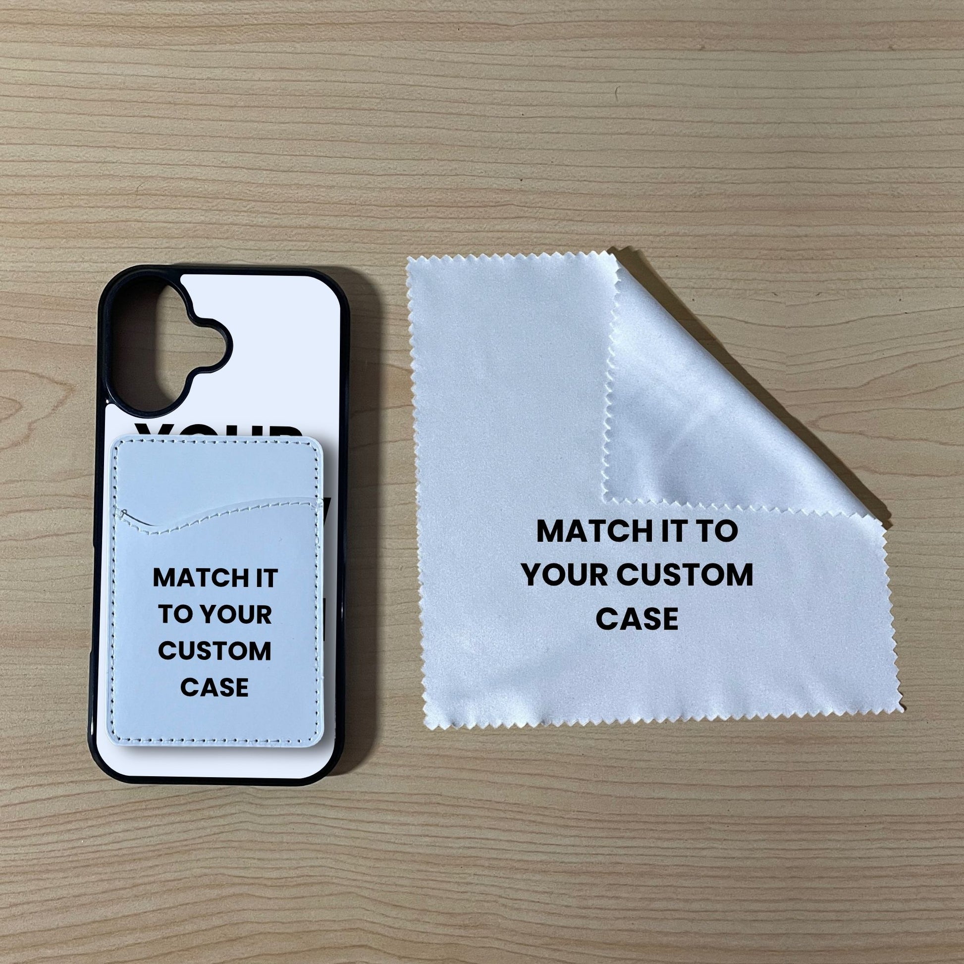 Custom MagSafe iPhone 17 case with phone wallet card holder and cleaning cloth on a wooden surface with text 'Match it to your custom case'.