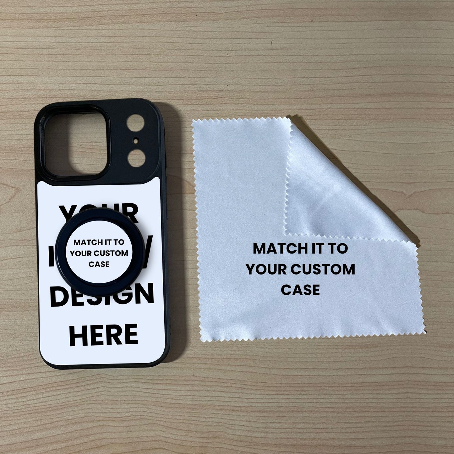Custom MagSafe iPhone 17 Pro & 17 Pro Max case with black phone grip and cleaning cloth on a wooden surface with text overlay showing image placement.