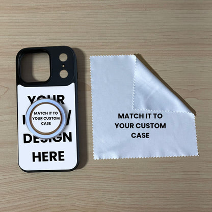 Custom MagSafe iPhone 17 Pro & 17 Pro Max case with clear phone grip and cleaning cloth on a wooden surface with text overlay showing image placement.