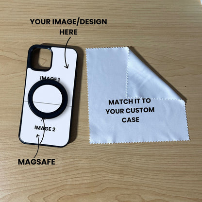 Custom MagSafe 2 photo collage iPhone case with phone grip and cleaning cloth on a wooden surface with text overlay showing image placement.