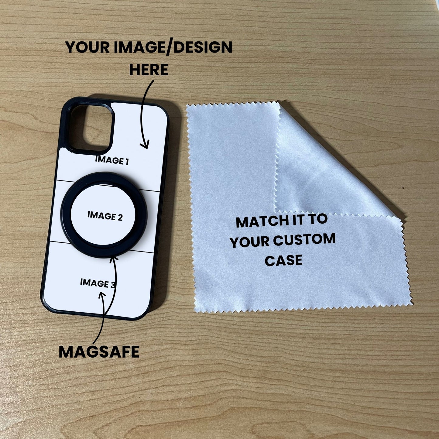 Custom MagSafe 3 photo collage iPhone case with phone grip and cleaning cloth on a wooden surface with text overlay showing image placement.