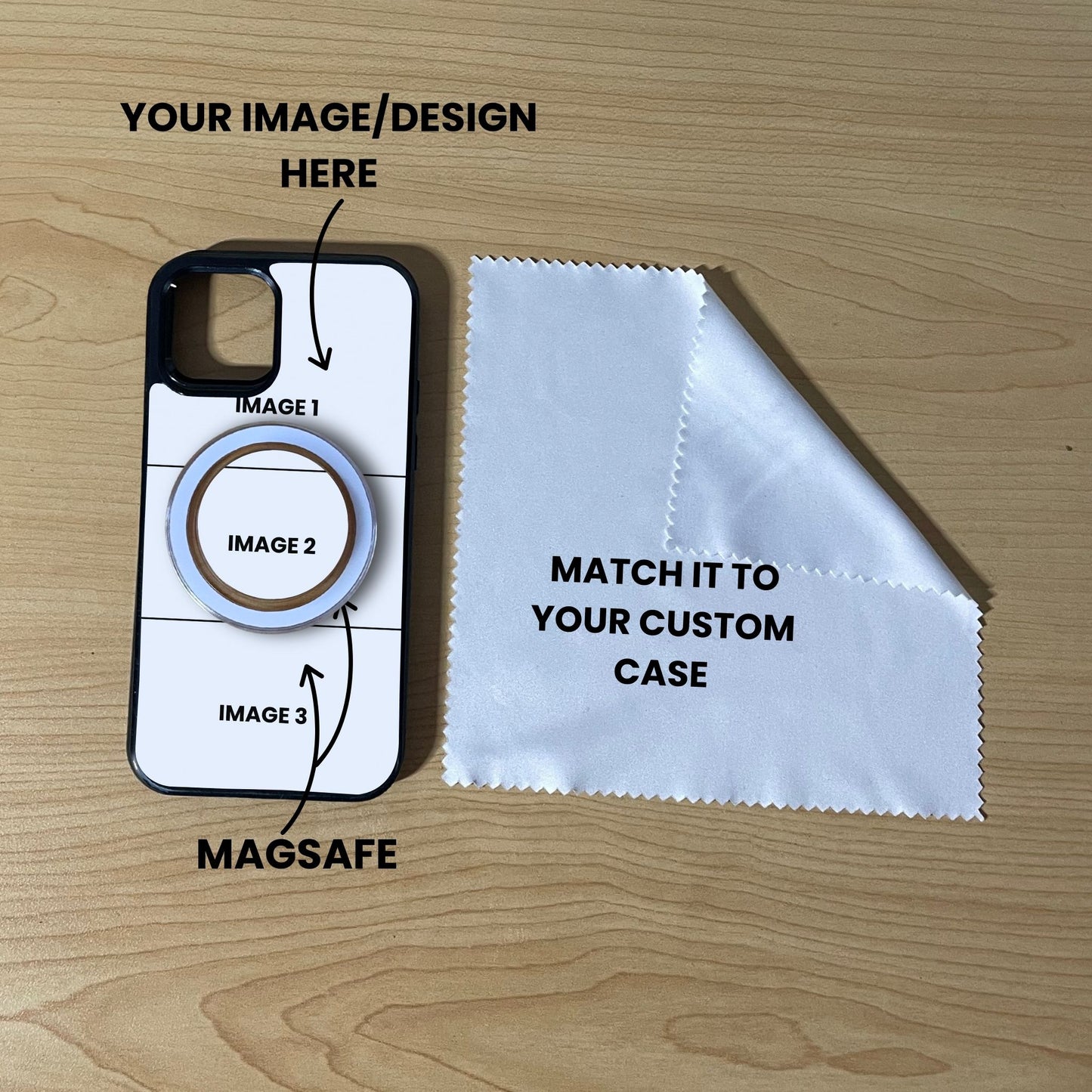 Custom MagSafe 3 photo collage iPhone case with phone grip and cleaning cloth on a wooden surface with text overlay showing image placement.