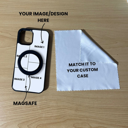 Custom MagSafe 4 photo collage iPhone case with phone grip and cleaning cloth on a wooden surface with text overlay showing image placement.