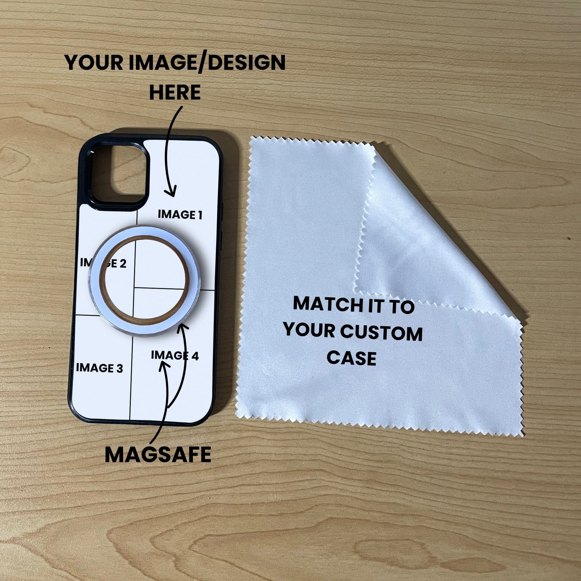 Custom MagSafe 4 photo collage iPhone case with phone grip and cleaning cloth on a wooden surface with text overlay showing image placement.