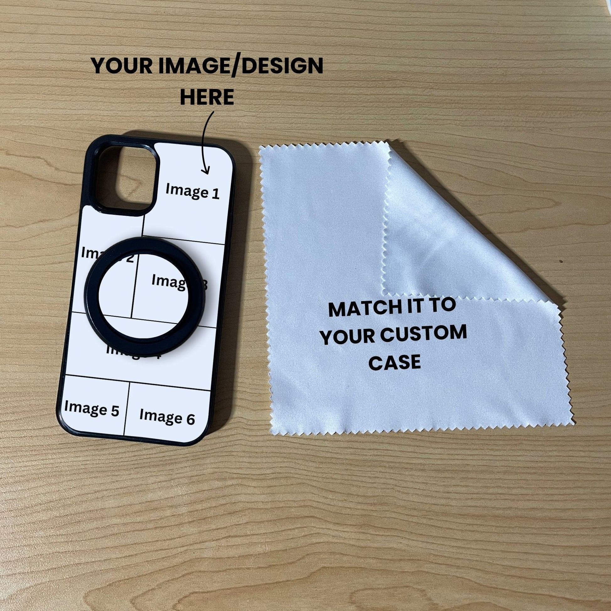 Custom MagSafe 6 photo collage iPhone case with phone grip and cleaning cloth on a wooden surface with text overlay showing image placement.