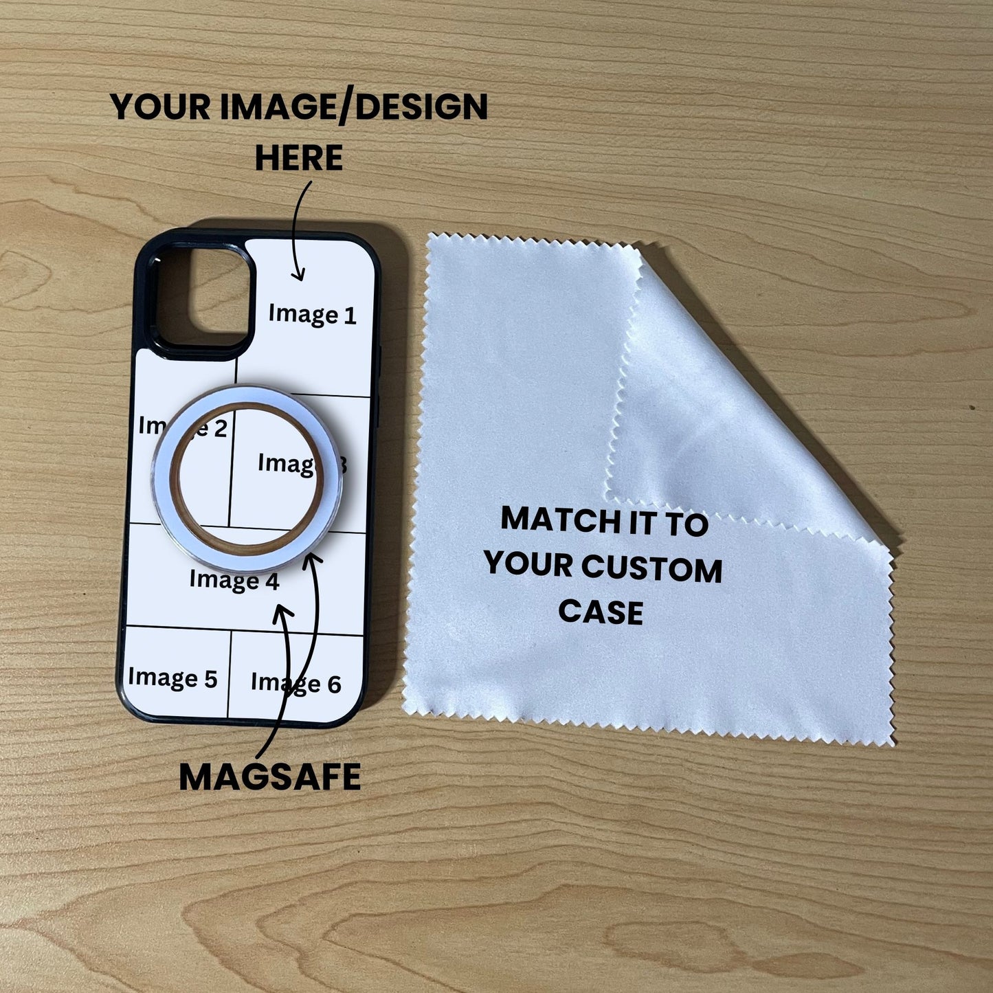 Custom MagSafe 6 photo collage 17 Air iPhone case with phone grip and cleaning cloth on a wooden surface with text overlay showing image placement.