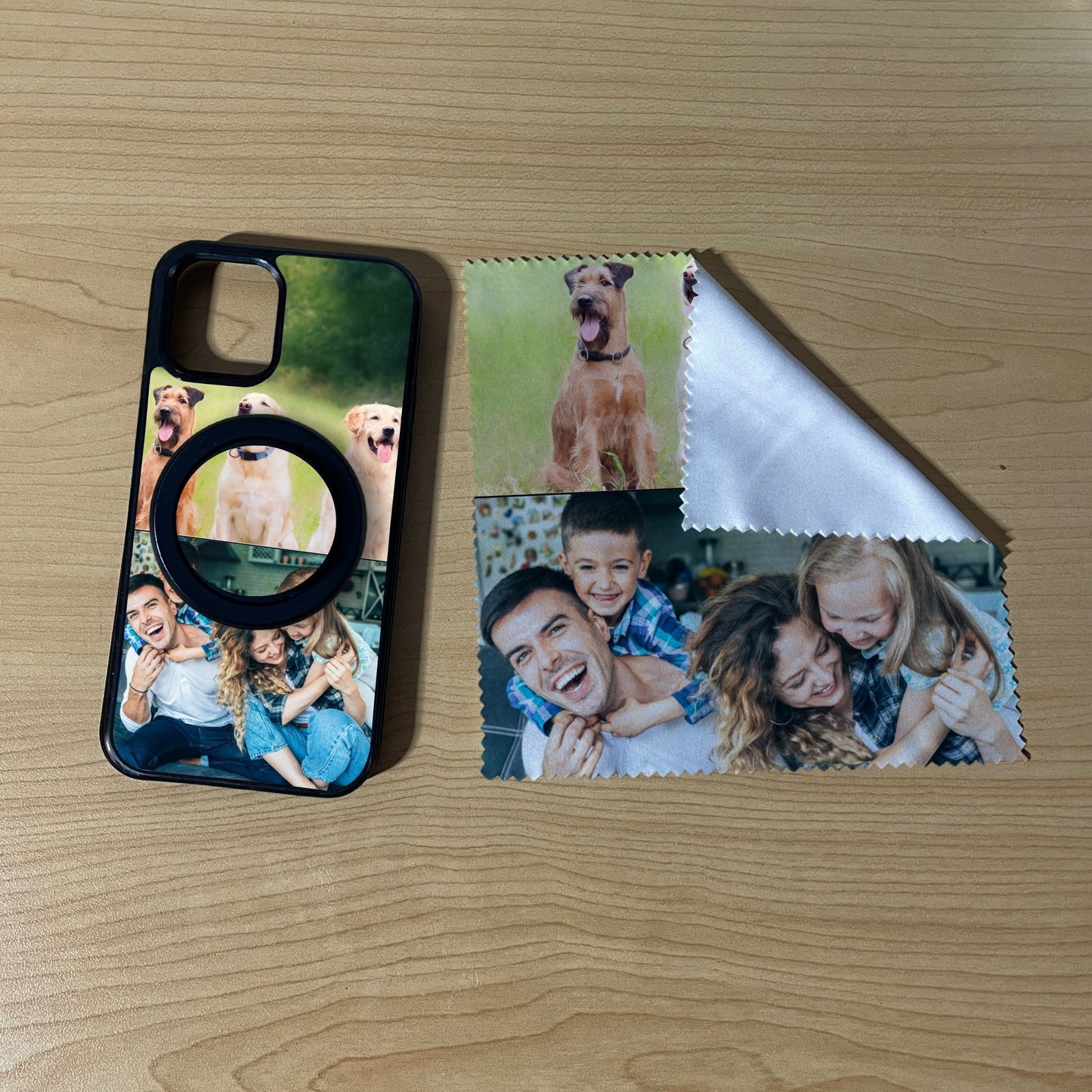 iPhone matching MagSafe bundle set with a phone case, phone grip and microfiber cloth with 2 photo collage dogs theme on a wooden surface