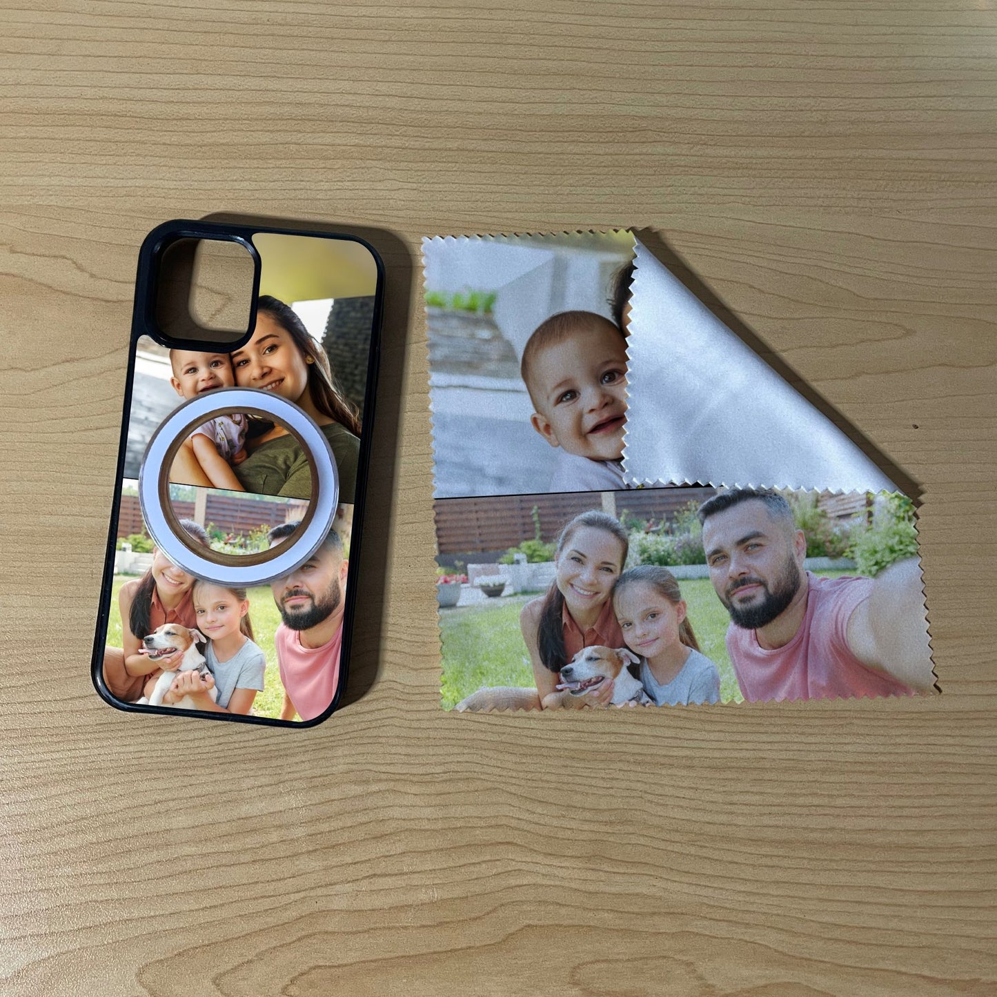 iPhone matching MagSafe bundle set with a phone case, phone grip and microfiber cloth with 2 photo collage couple theme on a wooden surface