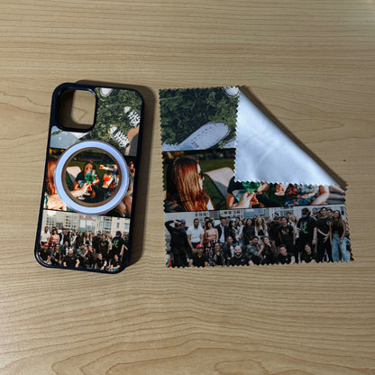 iPhone matching MagSafe bundle set with a phone case, phone grip and microfiber cloth with 3 photo collage friends theme on a wooden surface