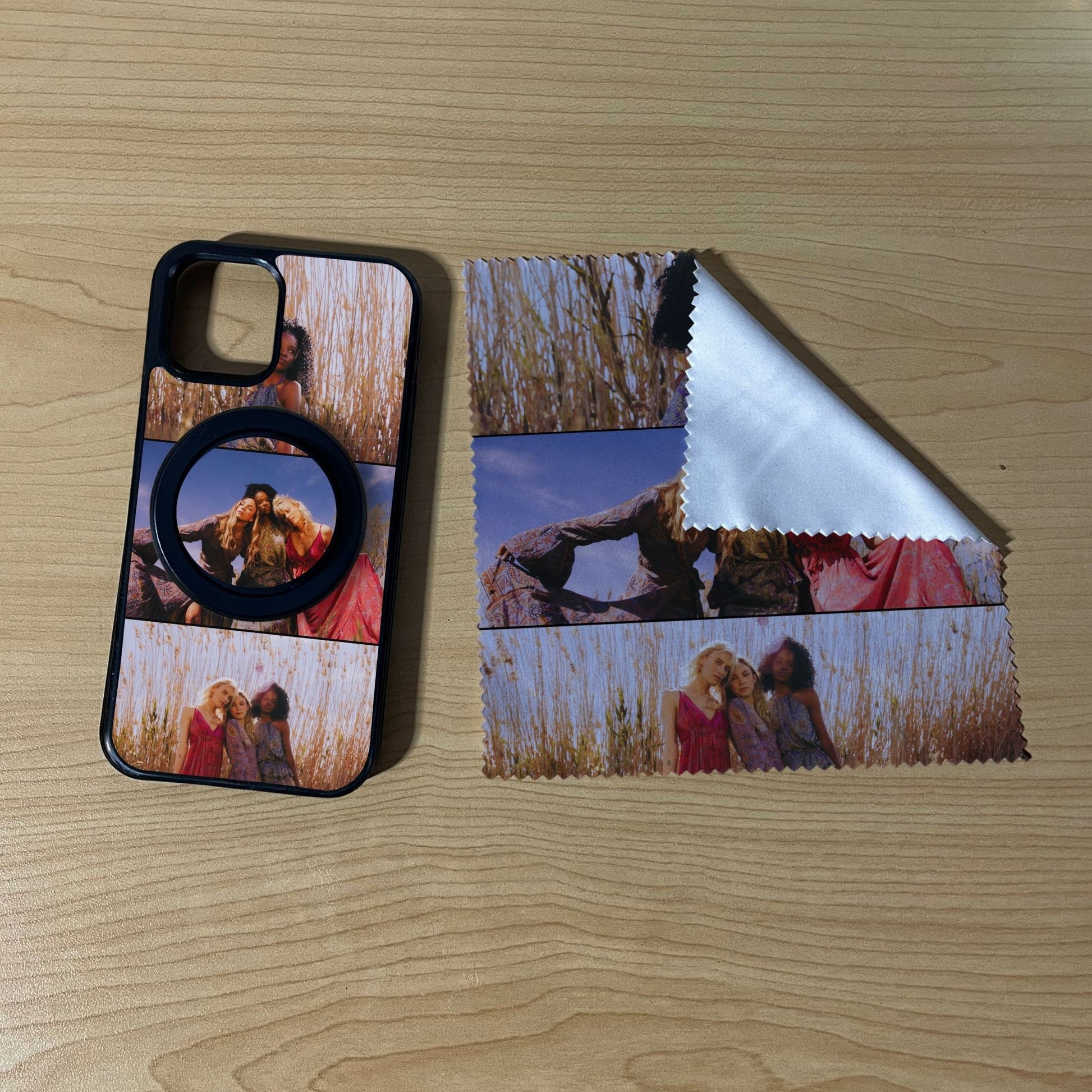 iPhone matching MagSafe bundle set with a phone case, phone grip and microfiber cloth with 3 photo collage friends theme on a wooden surface