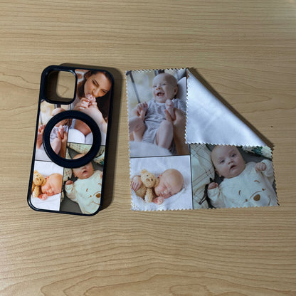 iPhone matching MagSafe bundle set with a phone case, phone grip and microfiber cloth with 4 photo collage baby theme on a wooden surface