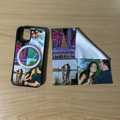 iPhone matching MagSafe bundle set with a phone case, phone grip and microfiber cloth with 4 photo collage couple theme on a wooden surface