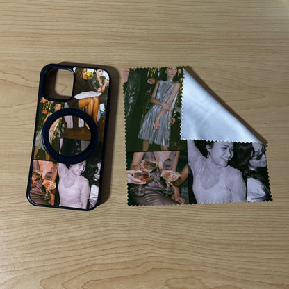 iPhone matching MagSafe bundle set with a phone case, phone grip and microfiber cloth with 4 photo collage friends theme on a wooden surface