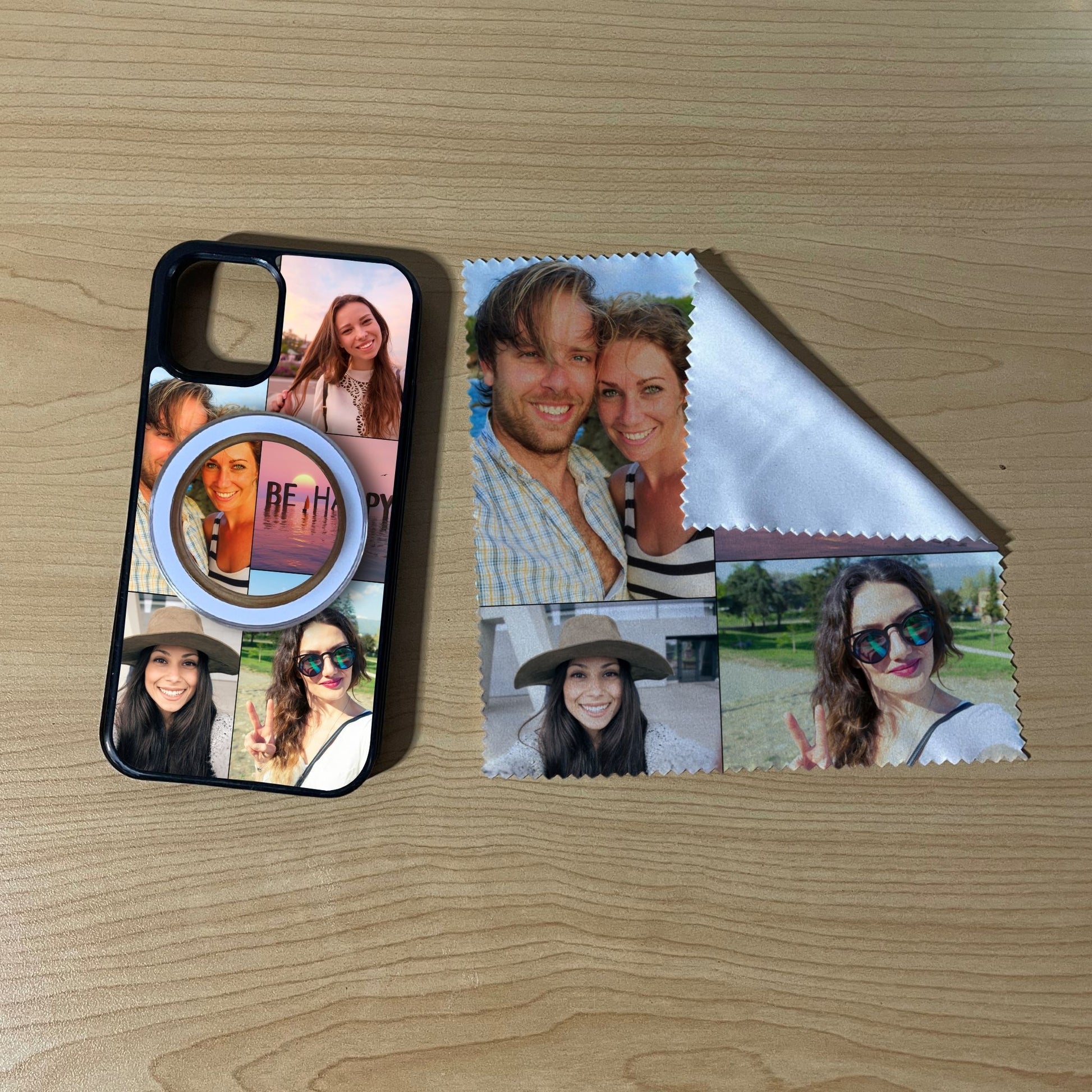 iPhone matching MagSafe bundle set with a phone case, phone grip and microfiber cloth with 5 photo collage couple theme on a wooden surface