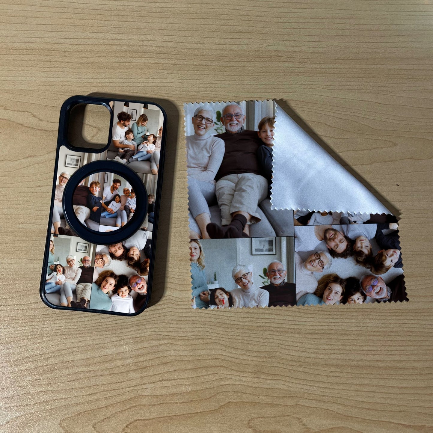 iPhone matching MagSafe bundle set with a phone case, phone grip and microfiber cloth with 5 photo collage family theme on a wooden surface
