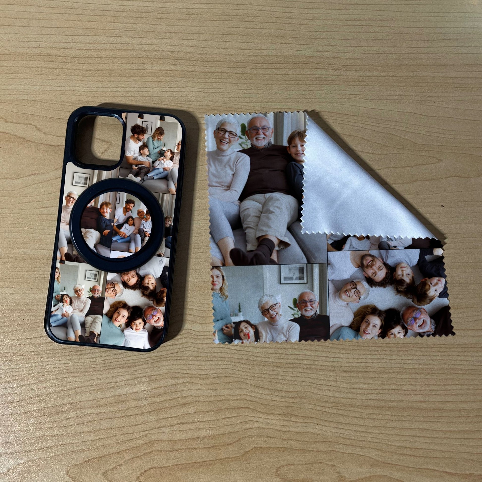 iPhone matching MagSafe bundle set with a phone case, phone grip and microfiber cloth with 5 photo collage family theme on a wooden surface