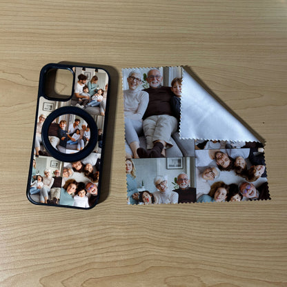 iPhone matching MagSafe bundle set with a phone case, phone grip and microfiber cloth with 5 photo collage family theme on a wooden surface