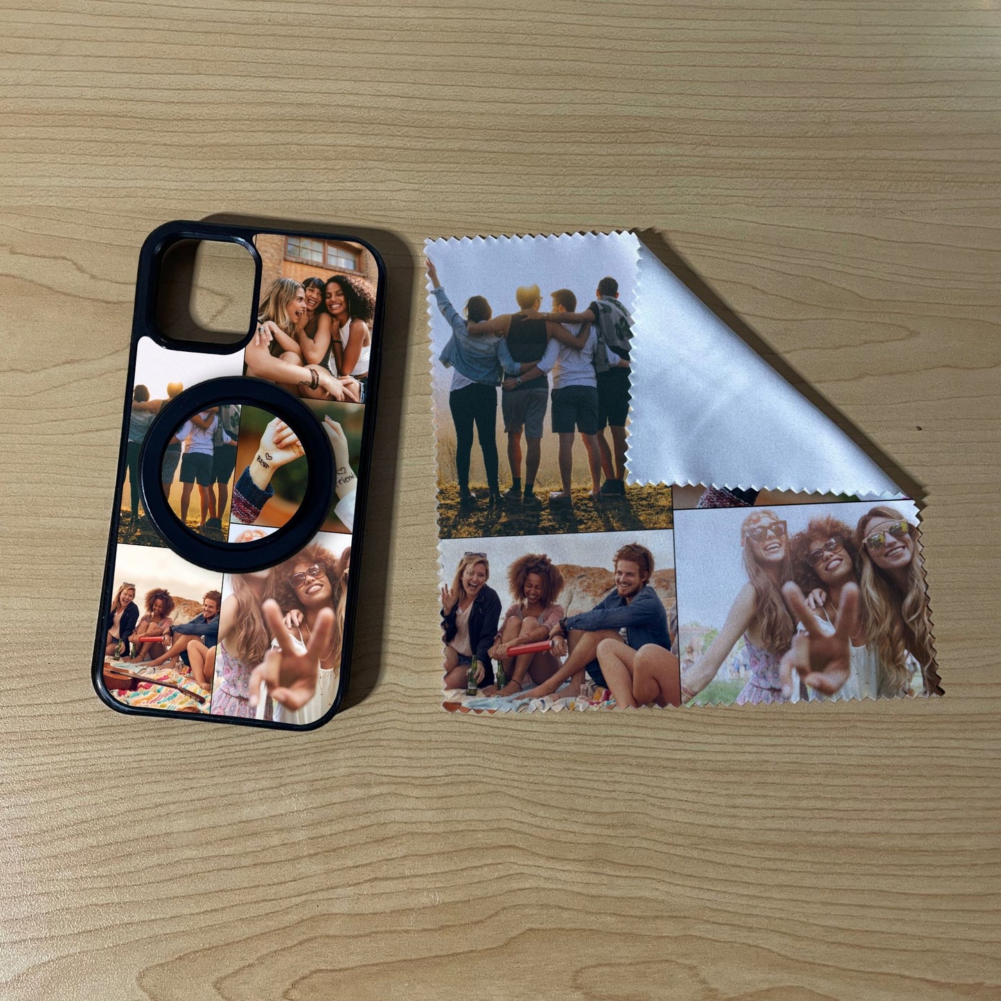 iPhone matching MagSafe bundle set with a phone case, phone grip and microfiber cloth with 5 photo collage friends theme on a wooden surface