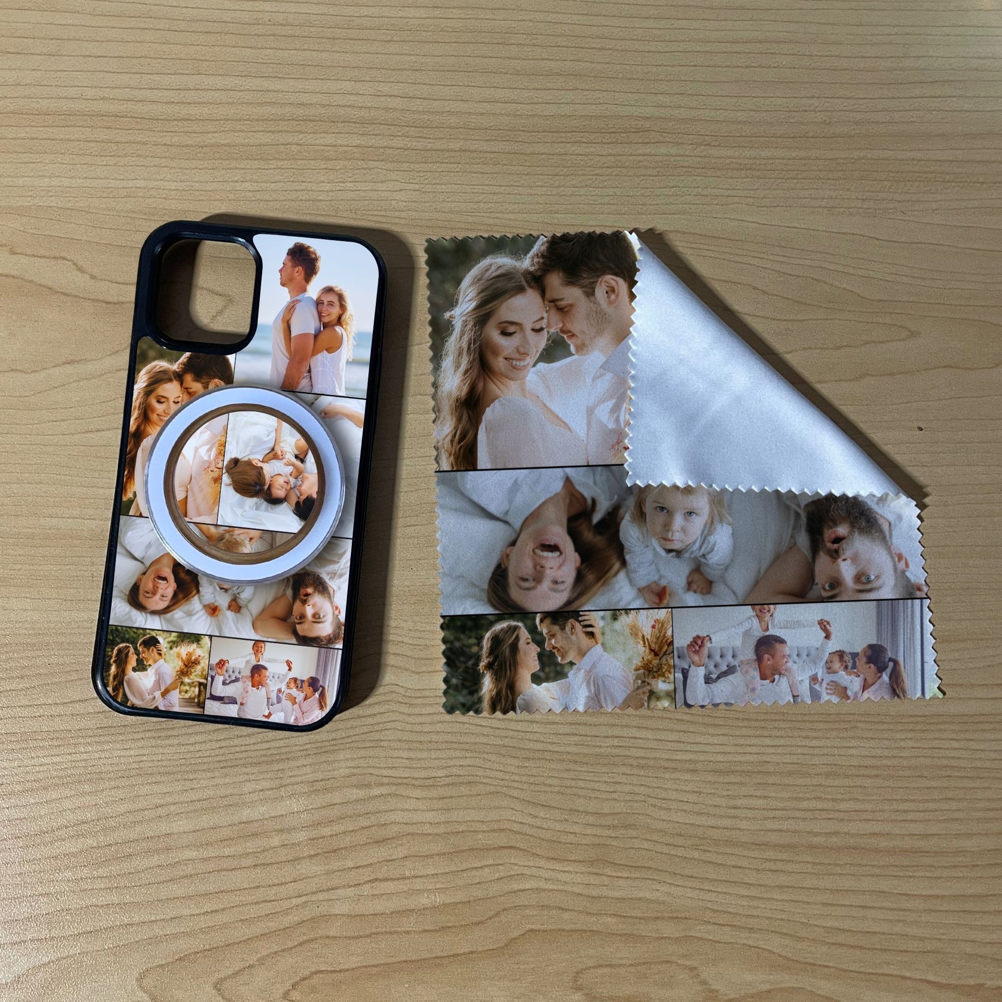 iPhone matching MagSafe bundle set with a phone case, phone grip and microfiber cloth with 6 photo collage couple theme on a wooden surface