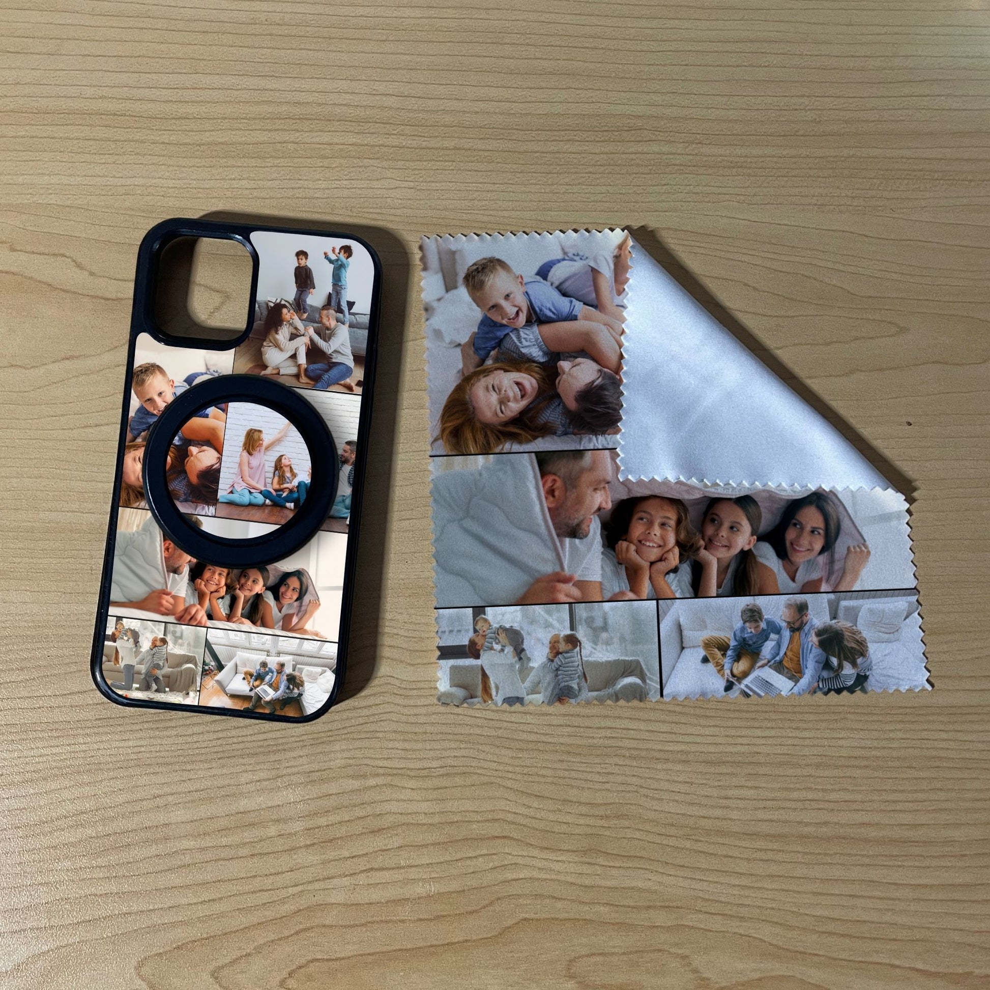 iPhone matching MagSafe bundle set with a phone case, phone grip and microfiber cloth with 6 photo collage family theme on a wooden surface