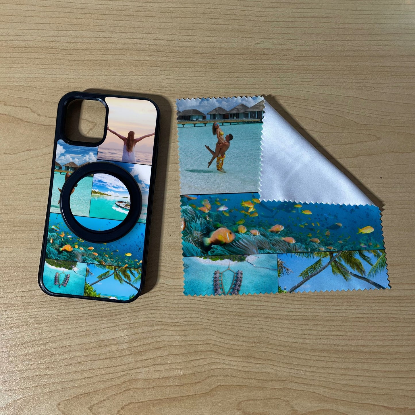iPhone matching MagSafe bundle set with a phone case, phone grip and microfiber cloth with 6 photo collage vacation theme on a wooden surface