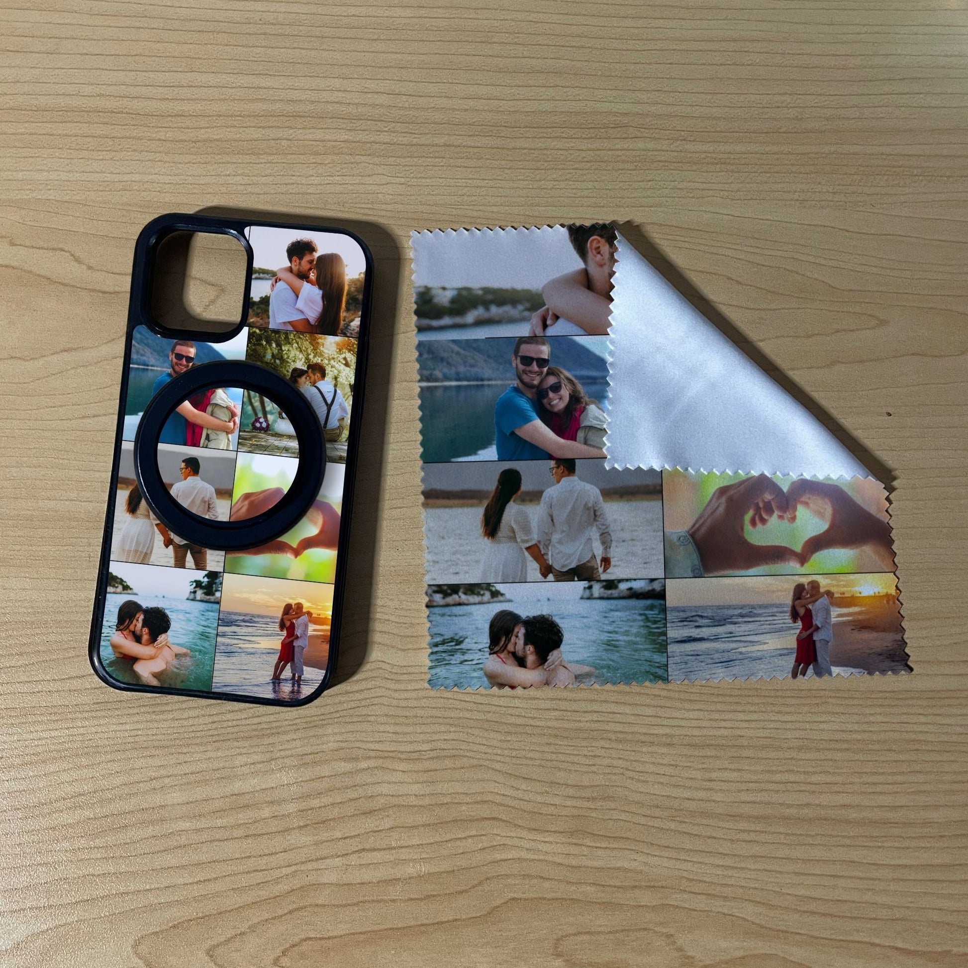 iPhone matching MagSafe bundle set with a phone case, phone grip and microfiber cloth with 7 photo collage couple theme on a wooden surface