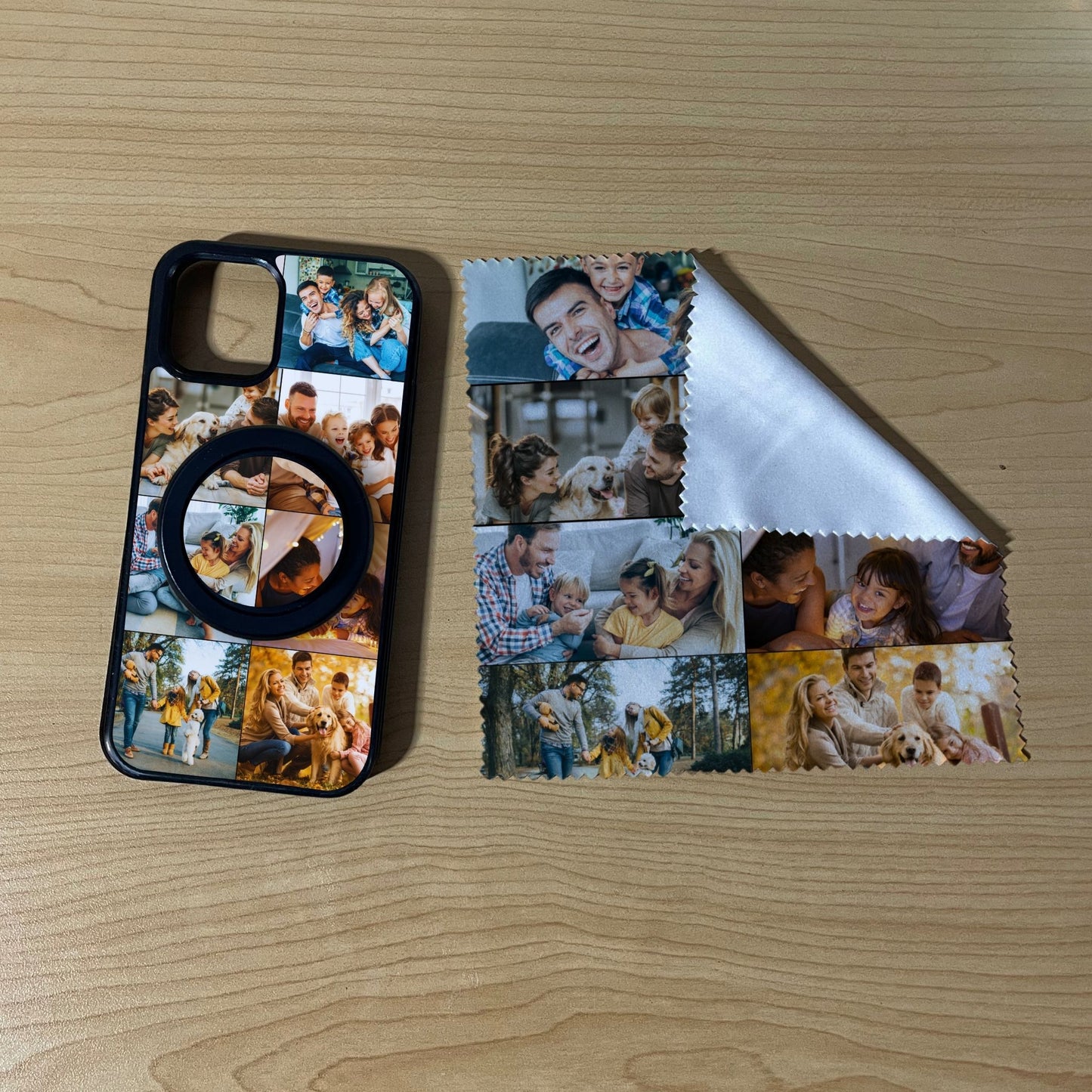 iPhone matching MagSafe bundle set with a phone case, phone grip and microfiber cloth with 7 photo collage family theme on a wooden surface