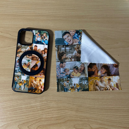 iPhone matching MagSafe bundle set with a phone case, phone grip and microfiber cloth with 7 photo collage family theme on a wooden surface
