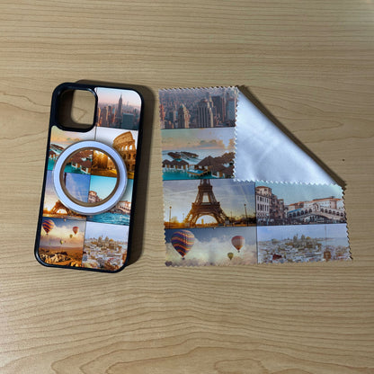 iPhone matching MagSafe bundle set with a phone case, phone grip and microfiber cloth with 7 photo collage landmarks theme on a wooden surface