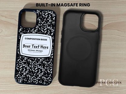 Custom iPhone Magsafe case showing built in Magsafe ring with black and white composition book design  with "Your text here" written on a wooden surface