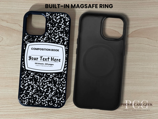 Custom iPhone Magsafe case showing built in Magsafe ring with black and white composition book design  with "Your text here" written on a wooden surface