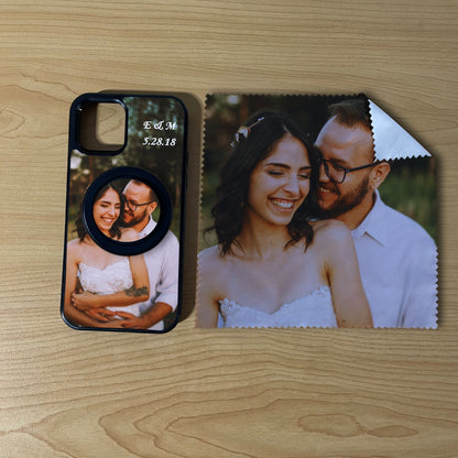Custom MagSafe iPhone case bundle set with couples photo design with matching black phone grip and matching microfiber cloth phone screen cleaner on a wooden surface.