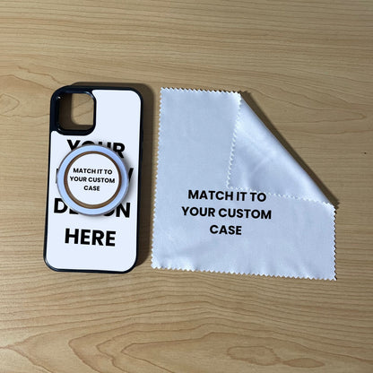 Custom MagSafe iPhone case with clear phone grip and cleaning cloth on a wooden surface with text overlay showing image placement.