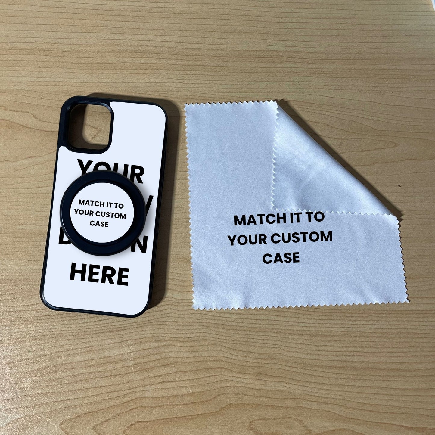 Custom MagSafe iPhone case with black phone grip and cleaning cloth on a wooden surface with text overlay showing image placement.