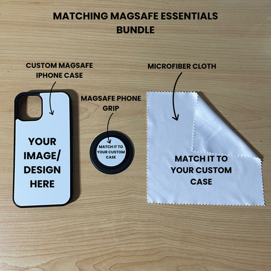 Custom Magsafe phone case, grip, and microfiber cloth showing bundle set and image placement on a wooden surface