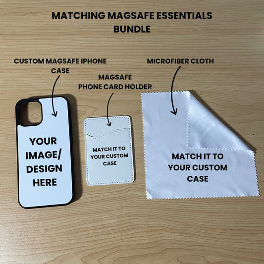 Matching Magsafe essentials bundle with phone case, card holder, and microfiber cloth on a wooden surface.