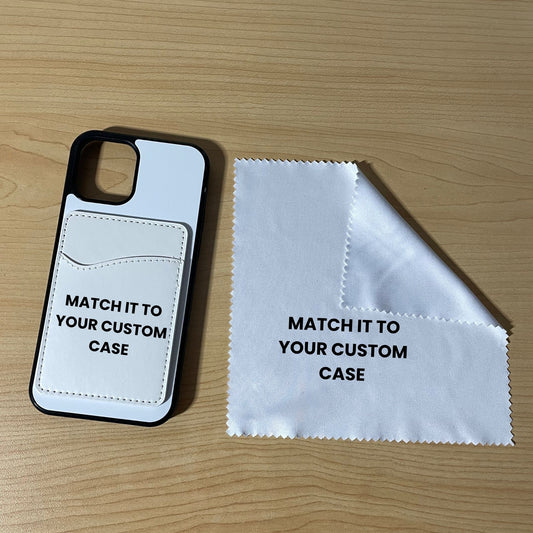Custom MagSafe iPhone case with phone wallet card holder and cleaning cloth on a wooden surface with text 'Match it to your custom case'.