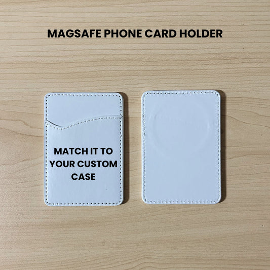 Custom Magsafe matching phone wallet / card holder with text "Match your phone case design" on a wooden surface.