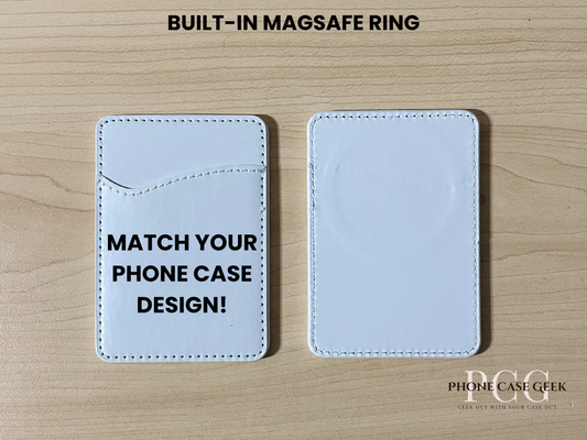 Custom Magsafe matching phone wallet / cardholder with text "Match your phone case design" on a wooden surface.