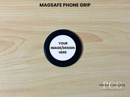 Black base Magsafe phone grip mockup on a wooden surface with customizable area.