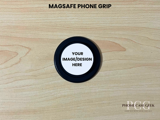 Black base Magsafe phone grip mockup on a wooden surface with customizable area.