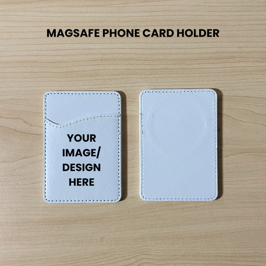 Custom Magsafe phone wallet / cardholder showing built in Magsafe ring with text " Your image / design here" to show customization  on a wooden surface.