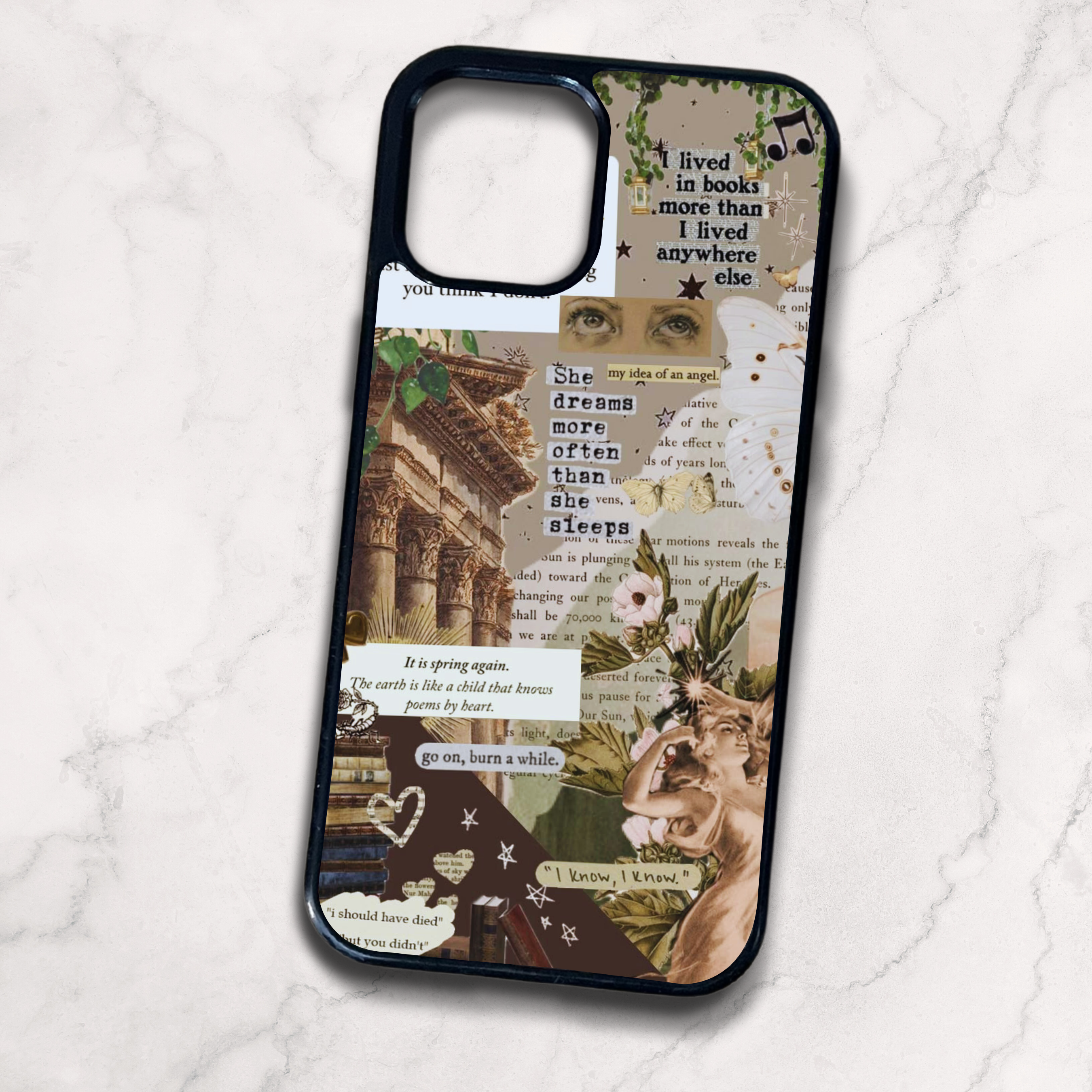 Custom phone case with collage design featuring text and images on a white background