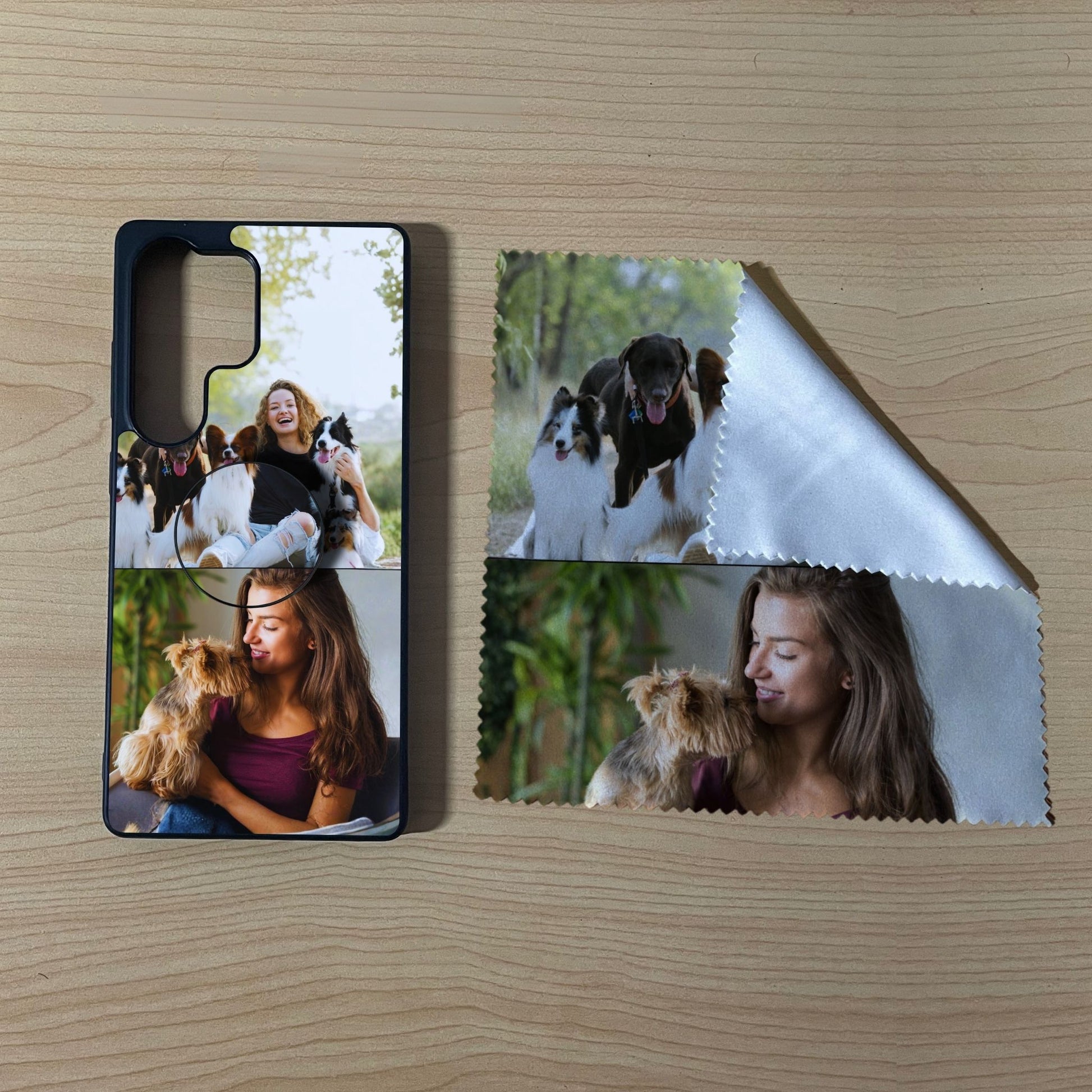 Samsung matching bundle set with a phone case, phone grip and microfiber cloth with 2 photo collage dog theme on a wooden surface